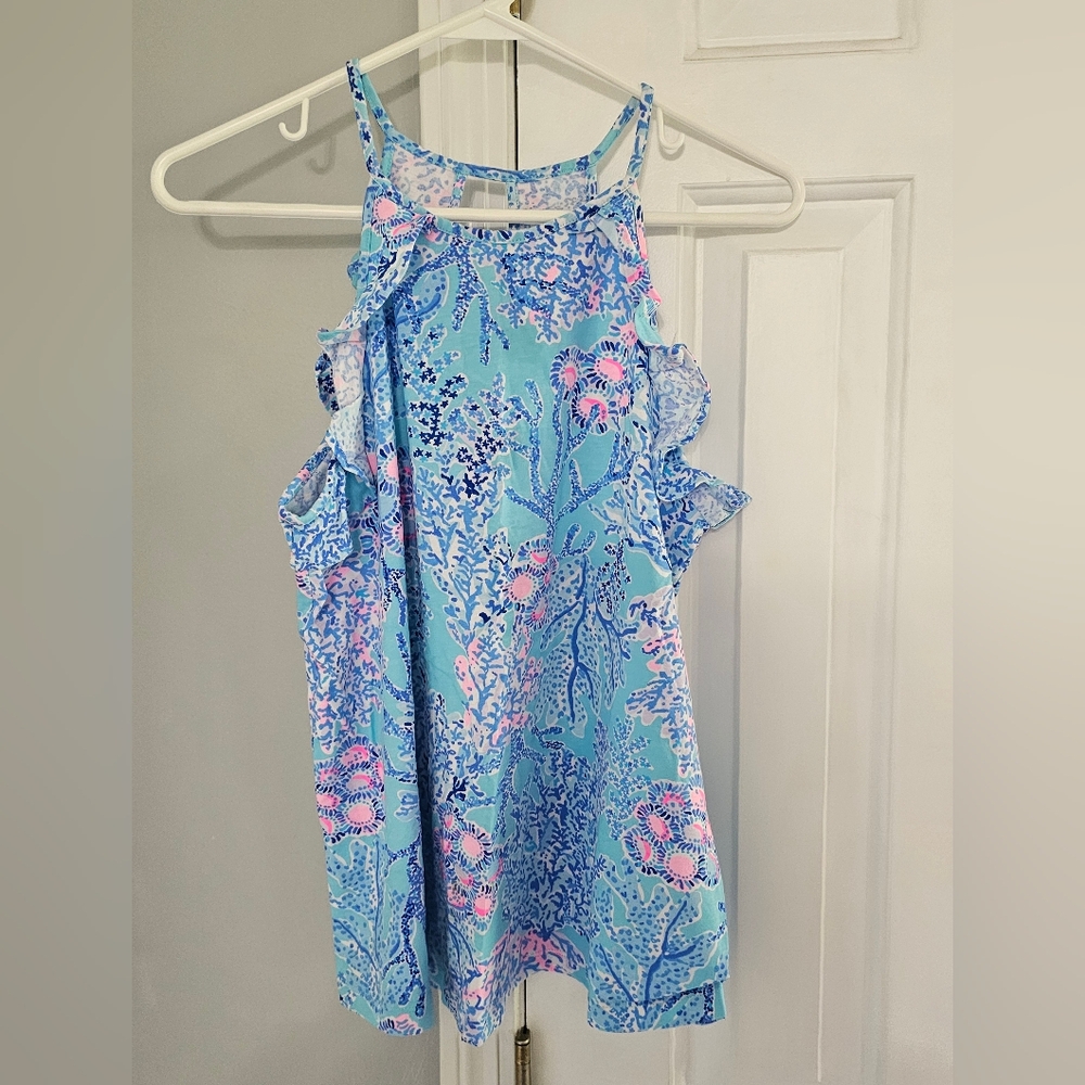 Lilly Pulitzer Light Blue Floral Print Top with Pink Accents